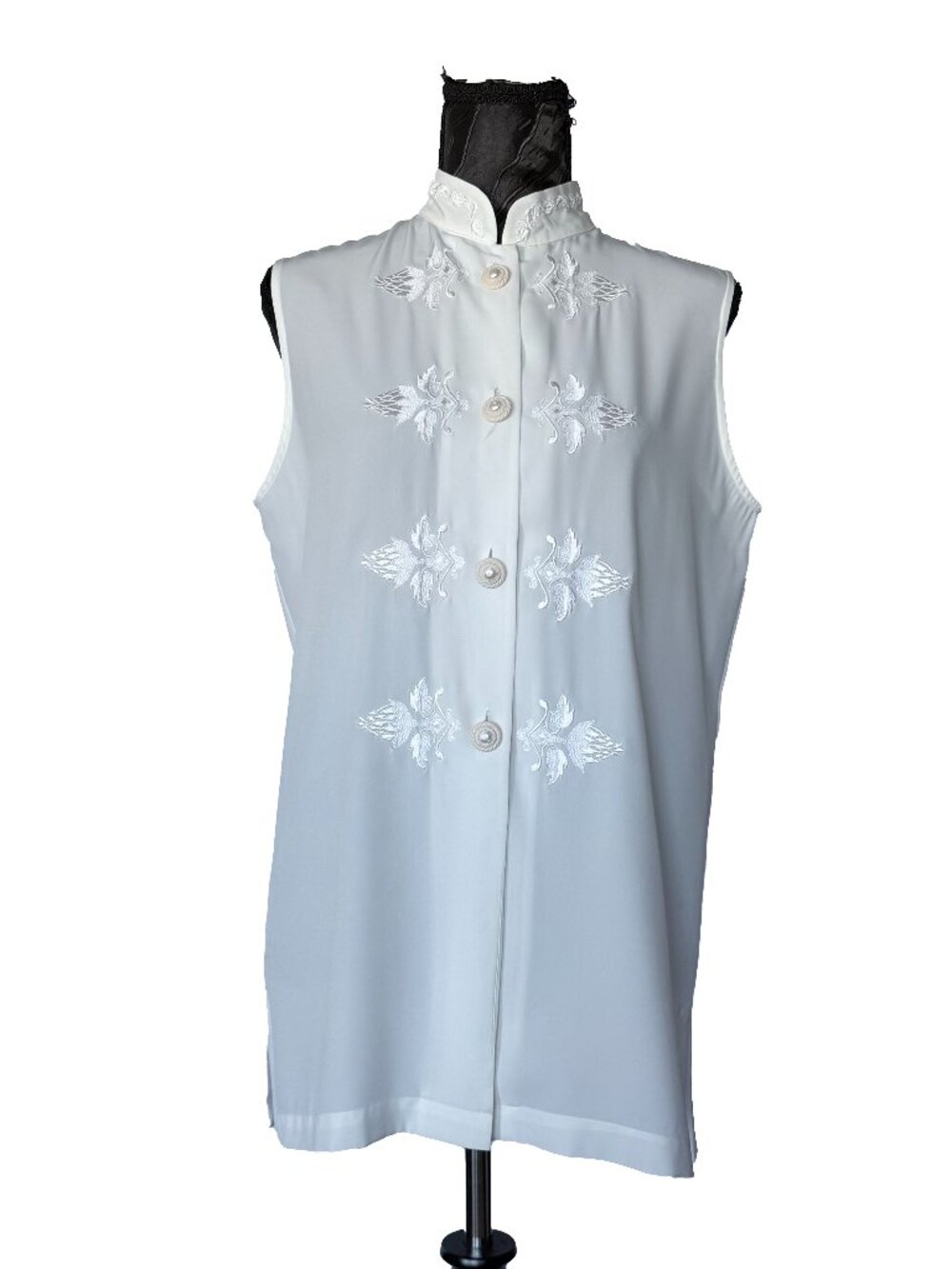 Vintage TESS Embroidered Mandarin Collar Blouse Cream Mother of Pearl Detail 6